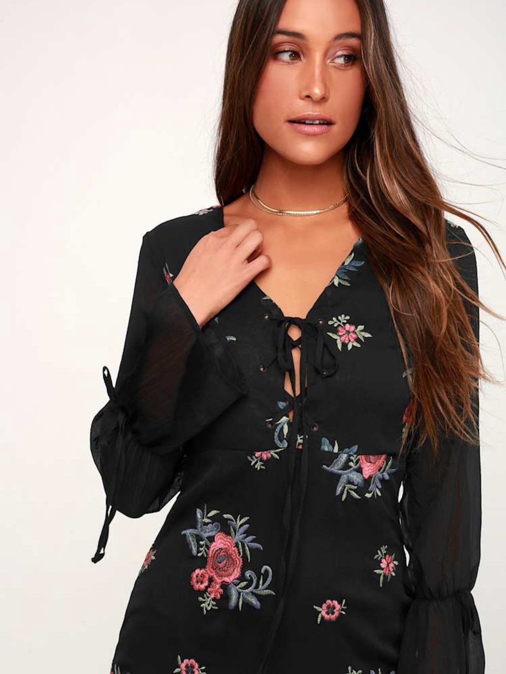 Madeline Black Floral Embroidered Long Sleeve Mini Dress Boho Tie Sleeve